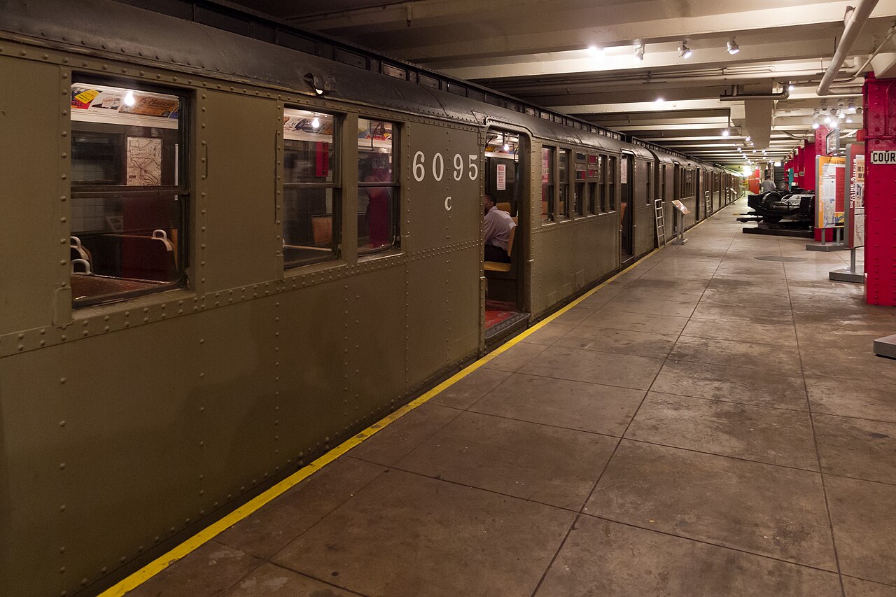 Vintage subway cars children can board inside the New York Transit Museum in Brooklyn