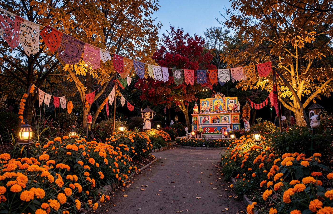 Warm lantern-lit garden path in autumn with marigolds and seasonal decorations
