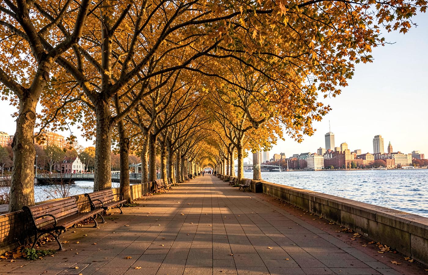 Golden autumn canopy over a paved park promenade beside the Hudson River in Manhattan
