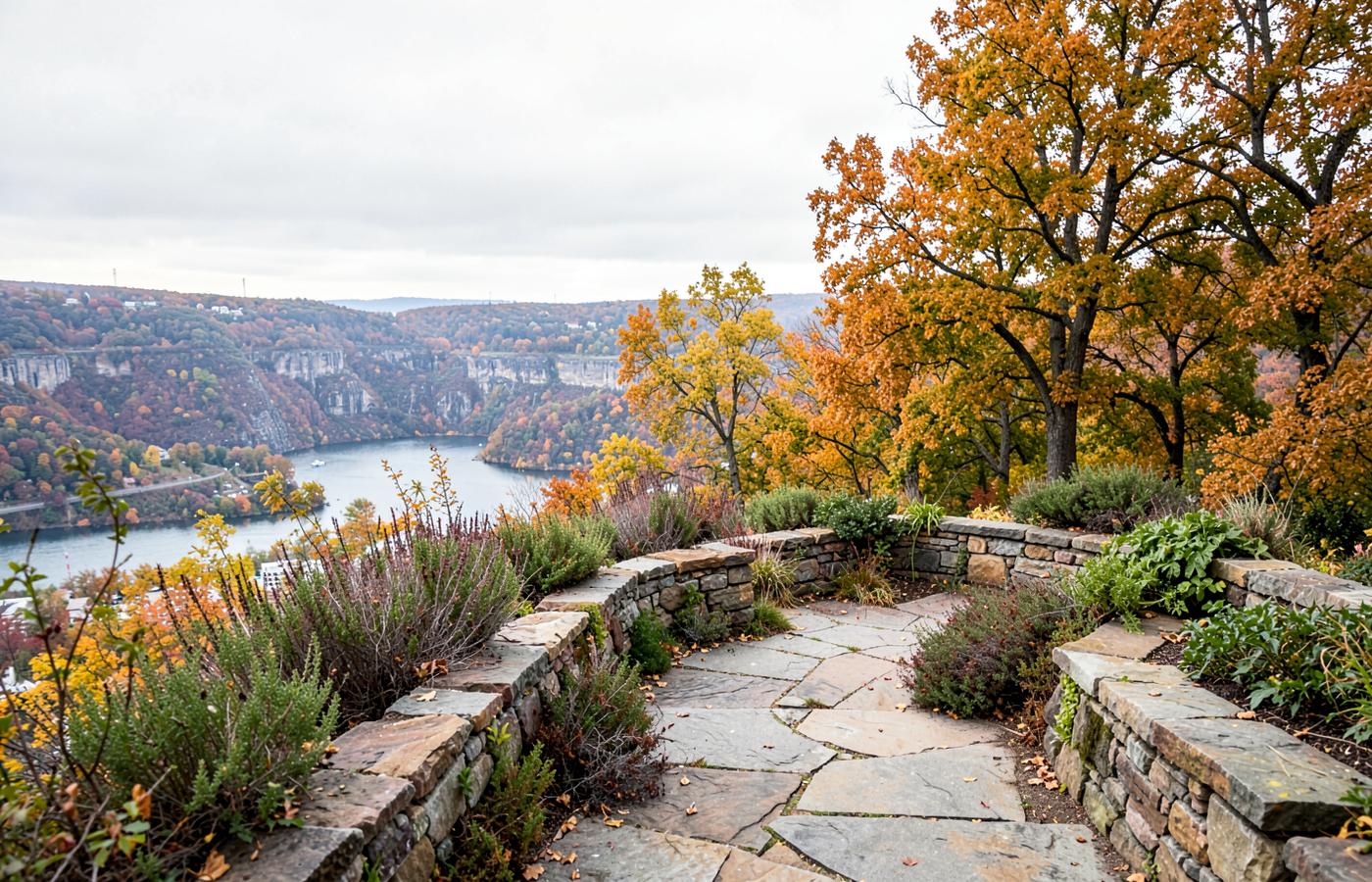 Autumn trees along a stone-walled path on a Manhattan park ridge above the Hudson River