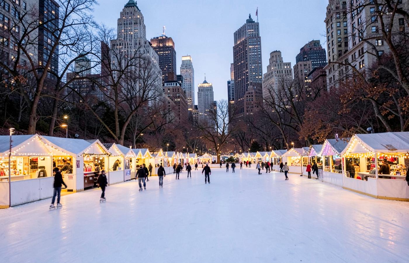 Holiday market stalls and an outdoor ice rink glowing at dusk in a Midtown Manhattan park