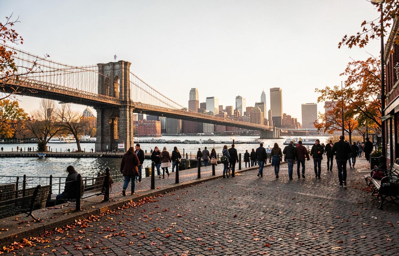 Autumn afternoon on a Brooklyn waterfront promenade with the Manhattan skyline across the East River