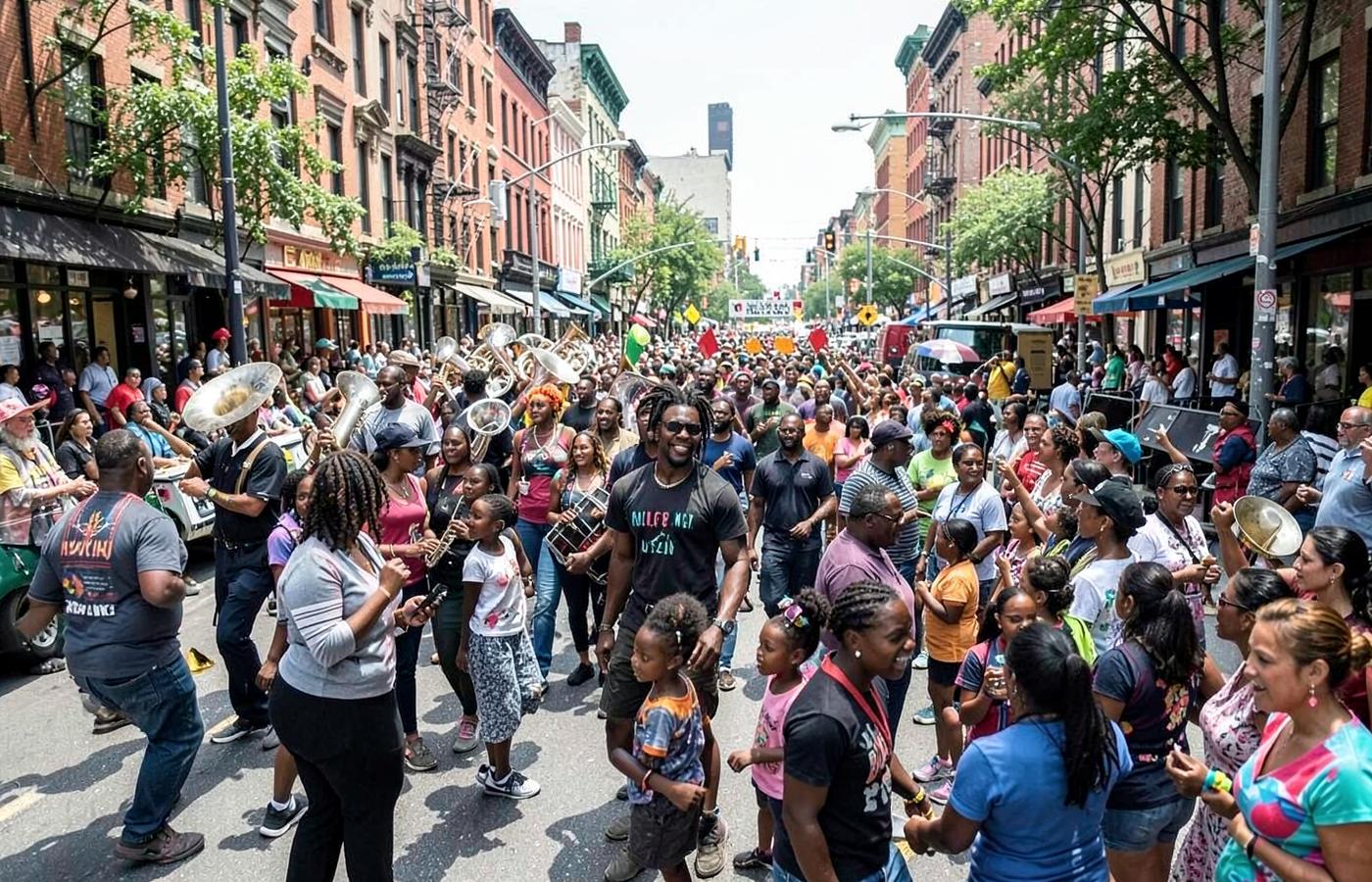 A community parade celebrating Black culture with marching bands and families in Harlem