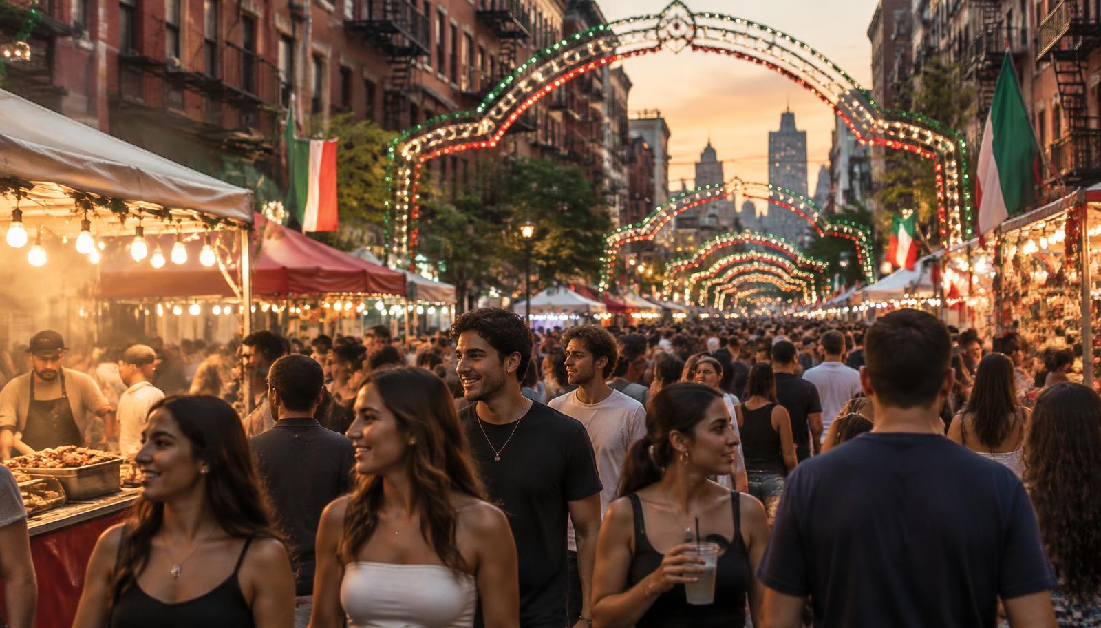A September evening street festival in Little Italy with food stalls and festival lights