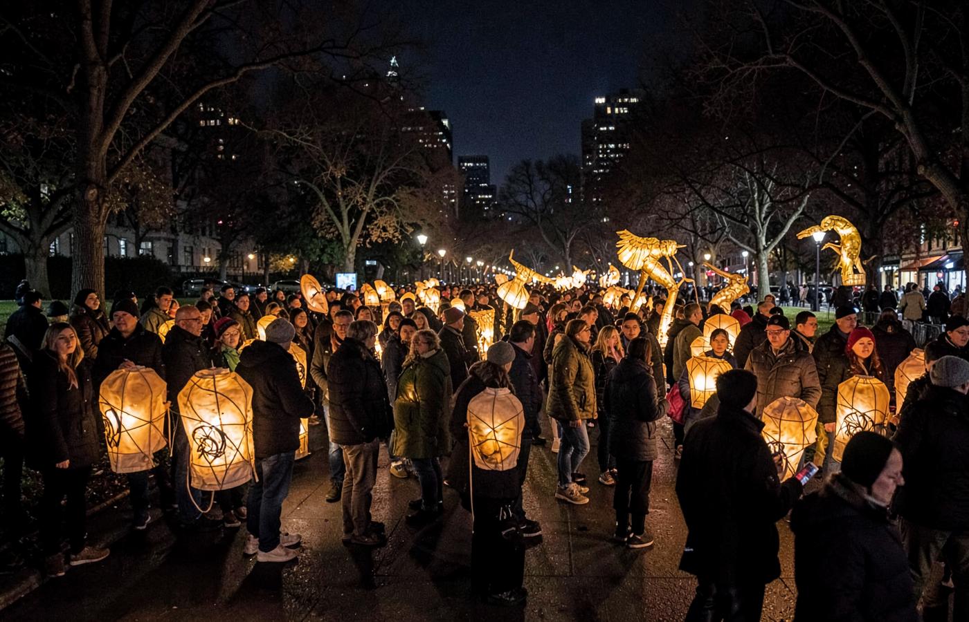 A nighttime community procession carrying illuminated handmade lanterns