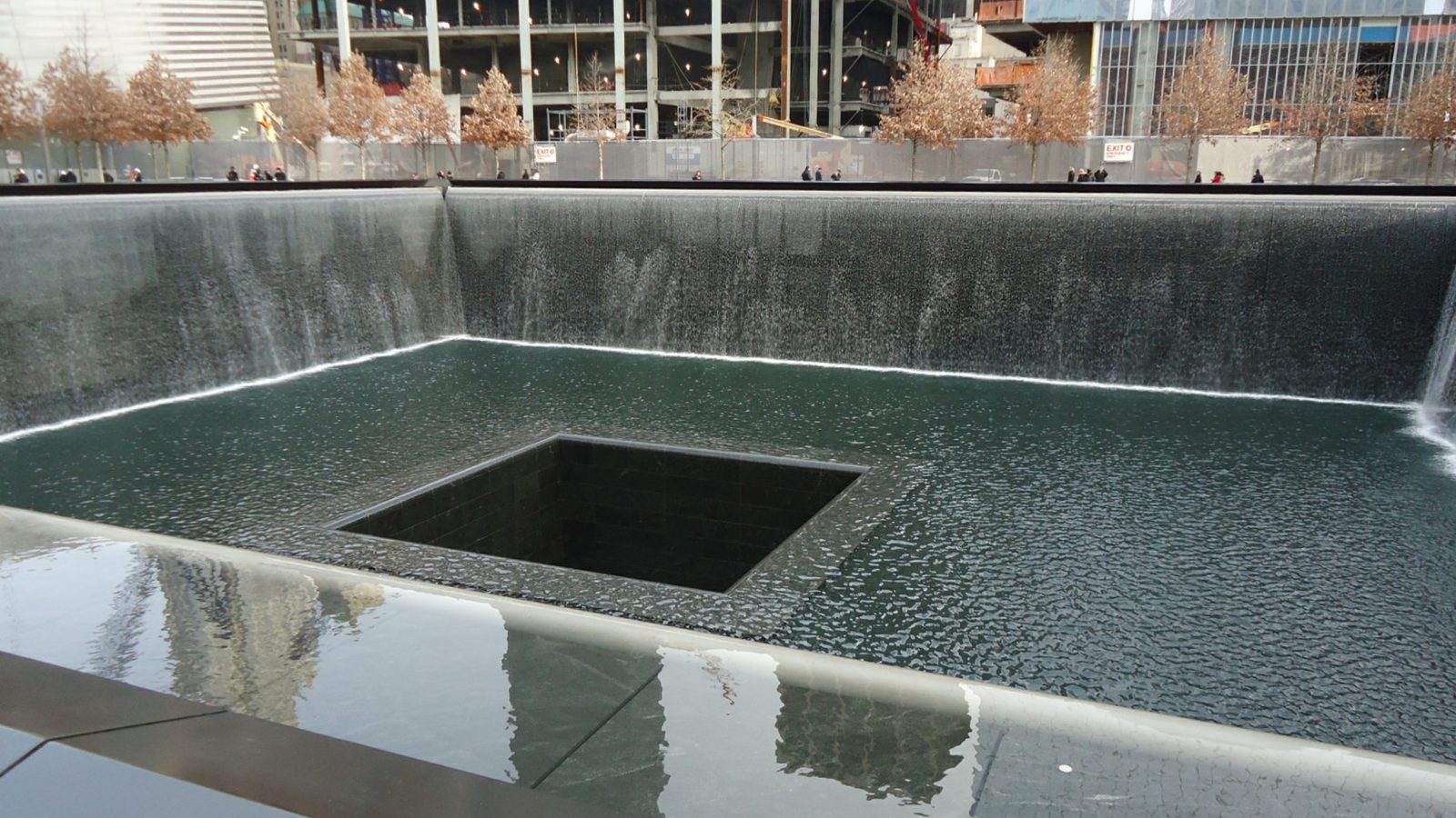 Water flowing into one of the reflecting pools at the National September 11 Memorial